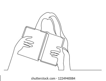 continuous line drawing of shy young woman hiding her face behind book