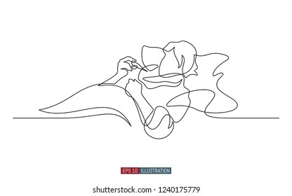 Continuous line drawing of sick girl with thermometer on the bed. Template for your design works. Vector illustration.