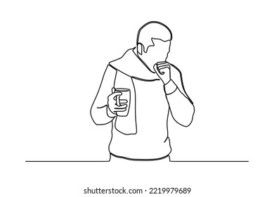 continuous line drawing of sick man in sweater and scarf holding cup of tea while coughing