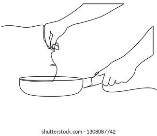 continuous line drawing of Side view of chef hand holding a frying pan preparing food. Cooking action concept. one line vector