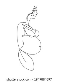 Continuous line drawing. Side view of a pregnant woman in lingerie. Aesthetic art drawing about motherhood and pregnancy, beautiful young mom. Vector illustration.