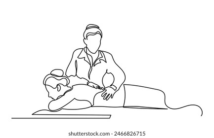 Continuous line drawing of side-view Spa body massage treatment. Body care Single-line Young woman having a massage in a spa salon. Physical Therapy concept vector illustration.
