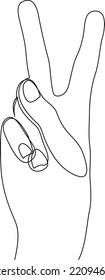 Continuous line drawing of sign of victory. The gesture of the hand one line. Two fingers raised up. Vector illustration.