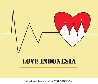 dibujo continuo de señales y corazones con la bandera roja y blanca como símbolo del amor Indonesia - Plantilla de tarjeta de saludo, cartel, icono, afiche, logo y web.  Ilustración vectorial.