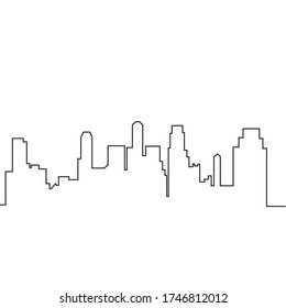 continuous line drawing of silhouette city. Silhouette of the city in a one line style. Modern urban landscape. City skyscrapers building office horizon on a isolated on a white background.