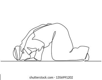continuous line drawing of silhouette design of a man prostrating in (salah) for mubarak Ramadan greeting cards, Ramadan Kkareem, invitations to the Muslim community. in single line style