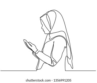 Continuous line drawing with a silhouette design of a woman raising her hands in prayer. Mubarak Ramadan greeting cards, Ramadan Kareem, invitations to the Muslim community. Single line style