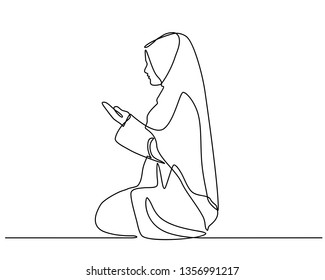 Continuous line drawing with a silhouette design of a woman raising her hands in prayer. Mubarak Ramadan greeting cards, Ramadan Kareem, invitations to the Muslim community. Single line style