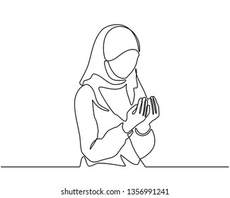 Continuous line drawing with a silhouette design of a woman raising her hands in prayer. Mubarak Ramadan greeting cards, Ramadan Kareem, invitations to the Muslim community. Single line style