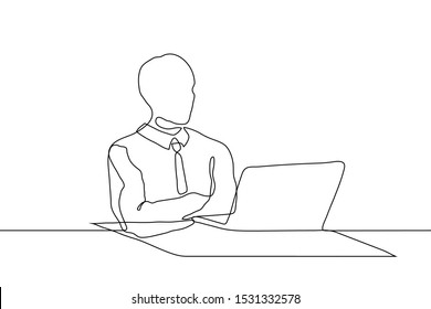 continuous line drawing silhouette of a man sitting in front of a computer with arms crossed. The concept of difficulty, reflection, employee is in discussion. It can be used for animation. Vector