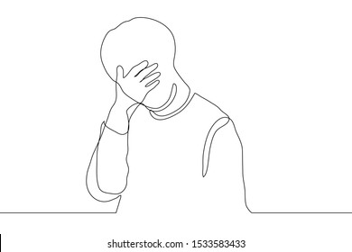 continuous line drawing silhouette of a man with a hand attached to his face. face covered with one hand, a manifestation of frustration, shame, despondency, irritation or embarrassment. for animation