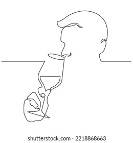 Silueta de dibujo continuo de un hombre bebiendo de una copa de vino. El concepto de sumiller, relajación, degustación. Ilustración del vector