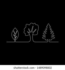 Continuous line drawing silhouette outline of white trees on black background. Vector illustration. Landscape icon. Forestscape. birch oak and spruce. lungs of the planet. forest sign, symbol