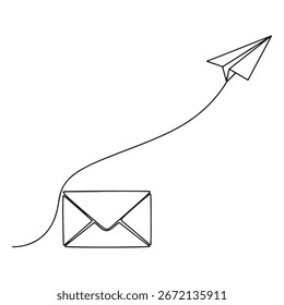 A continuous line drawing silhouette of a paper airplane flying towards an open envelope, isolated on a white background.