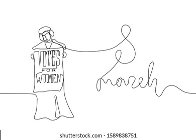 continuous line drawing of a silhouette of a suffragist with a poster "Voices for Women" and lettering "March 8". Black thin outline on a white horizontal background. Vector stock illustration 