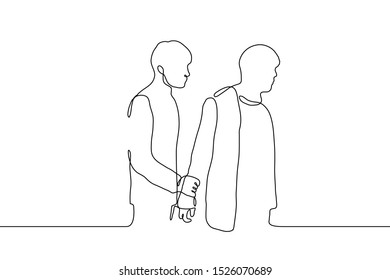 continuous line drawing silhouette of two men. One man holds the other by the wrist, the second stands with his back to him and looks in front of him. It can be used for animation. Vector