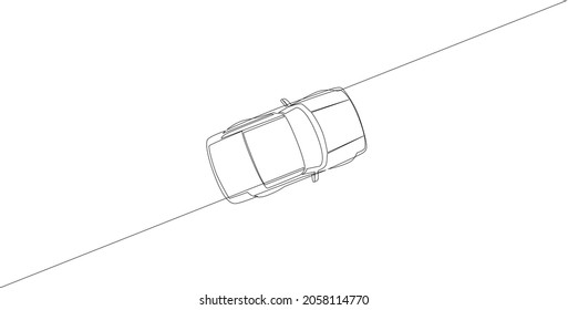 Continuous line drawing of a simple car. View from above. Vector illustration.