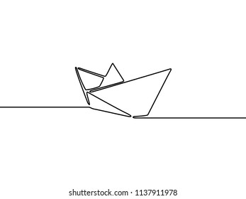 Continuous line drawing Simple paper ship. Vector illustration.