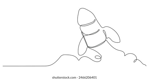 A continuous line drawing of a simple retro spaceship flying into the outer space nebula. Rocket spaceship launch in universe concept. Dynamic single line drawing design vector graphic illustration