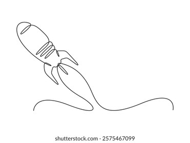 Continuous line drawing of simple retro spacecraft flying up to the outer space nebula. Rocket spaceships launch into universe concept. Vector illustration