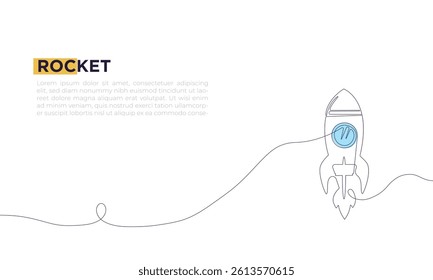 Continuous line drawing of simple rocket flying up to the outer space nebula