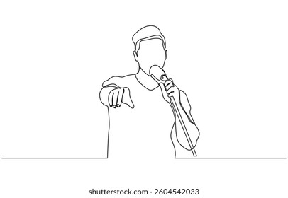 Continuous line drawing of singer in costume posing with microphone, Single continuous line drawing of young happy male pop singer holding microphone and singing on music concert stage.