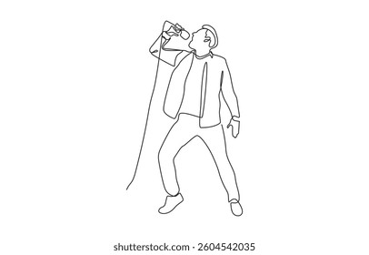 Continuous line drawing of singer in costume posing with microphone, Single continuous line drawing of young happy male pop singer holding microphone and singing on music concert stage.