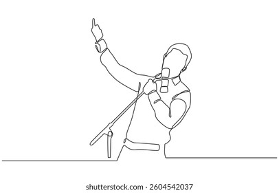 Continuous line drawing of singer in costume posing with microphone, Single continuous line drawing of young happy male pop singer holding microphone and singing on music concert stage.