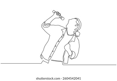 Continuous line drawing of singer in costume posing with microphone, Single continuous line drawing of young happy male pop singer holding microphone and singing on music concert stage.