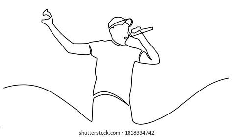 Continuous line drawing of singer posing with microphone. One single line drawing of young happy male singer holding microphone and singing on music festival stage. Vector illustration