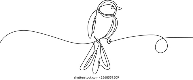 continuous line drawing of single bird sitting on cable or tree branch, line art vector illustration