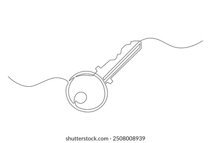 Continuous line drawing of single house key. Key in simple outline illustration. 