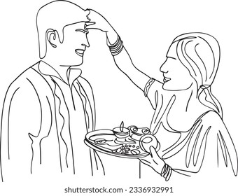 Continuous Line Drawing: Sister Applying Tilak Brother's Forehead 