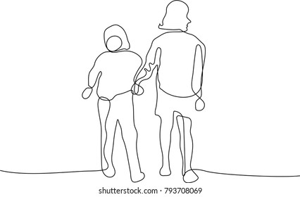 continuous line drawing of a sister walking together on white background