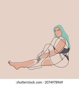 dibujo continuo de la chica positiva del cuerpo sentado con el pelo de color verde. una bonita silueta femenina en el minimalismo con colores pastel 
