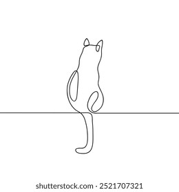 Desenho de linha contínua de gato sentado. Esboço linear preto minimalista isolado no fundo branco.