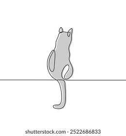 Desenho de linha contínua de gato sentado. Esboço linear preto minimalista isolado no fundo branco.