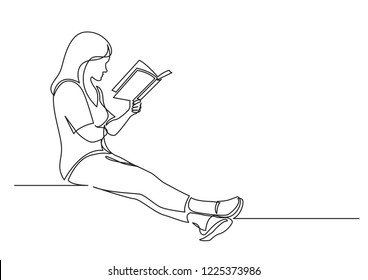 continuous line drawing of sitting concentrated woman reading interesting book