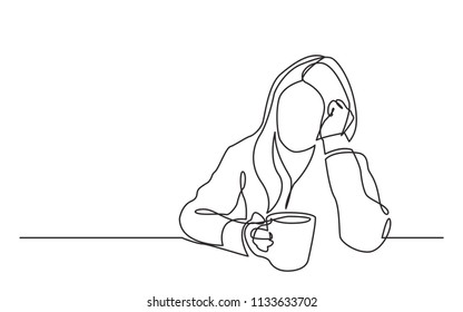 continuous line drawing of sitting dreaming woman with cup of tea