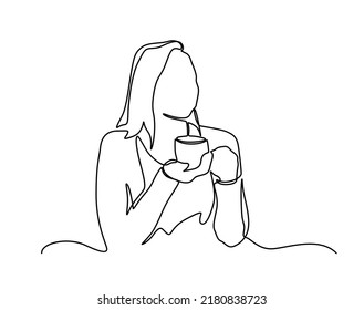 continuous line drawing of sitting dreaming woman with cup of tea. Continuous one line drawing. Woman relaxing with cup of coffee. Vector illustration