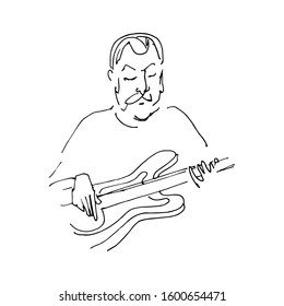 Continuous line drawing of sitting guitarist playing guitar. Vector hand draw illustration isolated on white background.