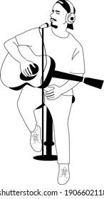 continuous line drawing of sitting guitarist playing guitar