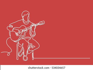 continuous line drawing of sitting guitarist playing guitar