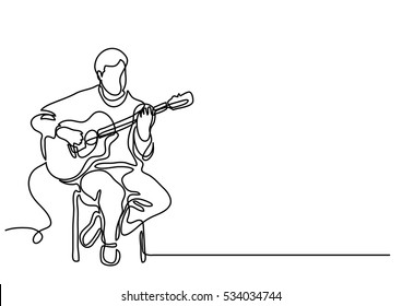 continuous line drawing of sitting guitarist playing guitar