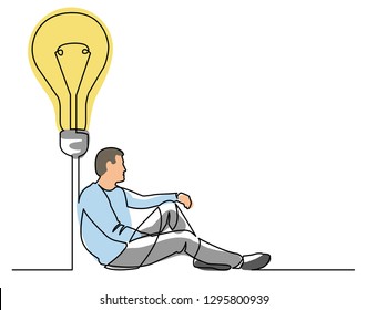 continuous line drawing of sitting man with some idea