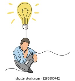 continuous line drawing of sitting man thinking about idea