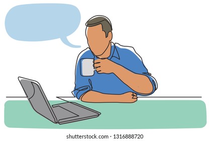 continuous line drawing of sitting man watching laptop computer drinking coffee