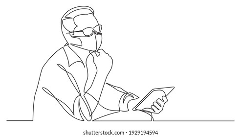 dibujo de línea continua del hombre sentado planeando con una tableta con máscara facial