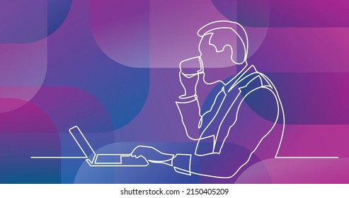continuous line drawing of sitting man watching laptop computer drinking coffee