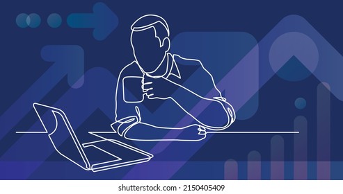 dibujo de línea continua del hombre sentado mirando el ordenador portátil tomando café
